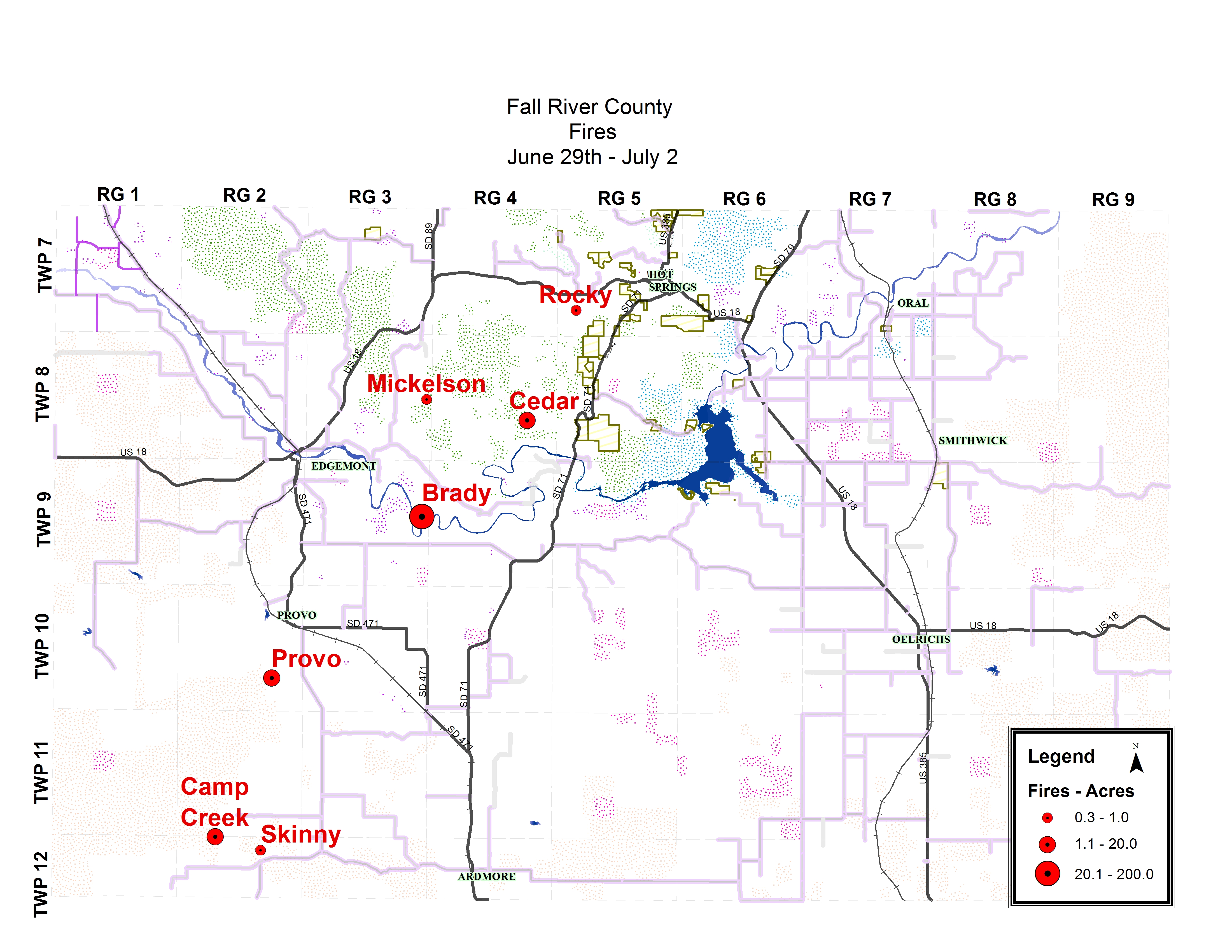 Map - Fall River County Fires June 29th to July 2nd 2017