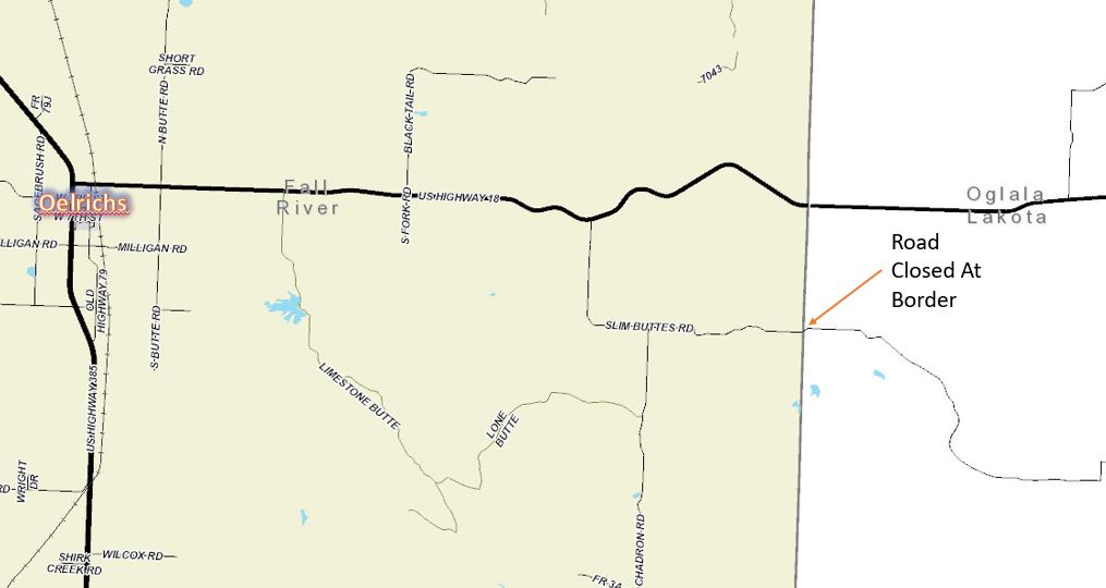 Map showing road closure location on Slim Buttes Rd