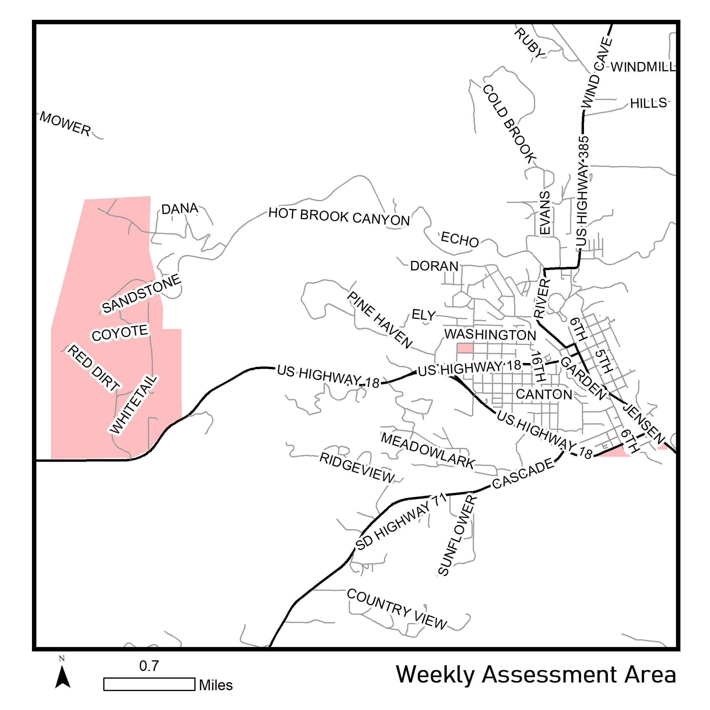 Map of weekly assessment area for week of August 17, 2020.