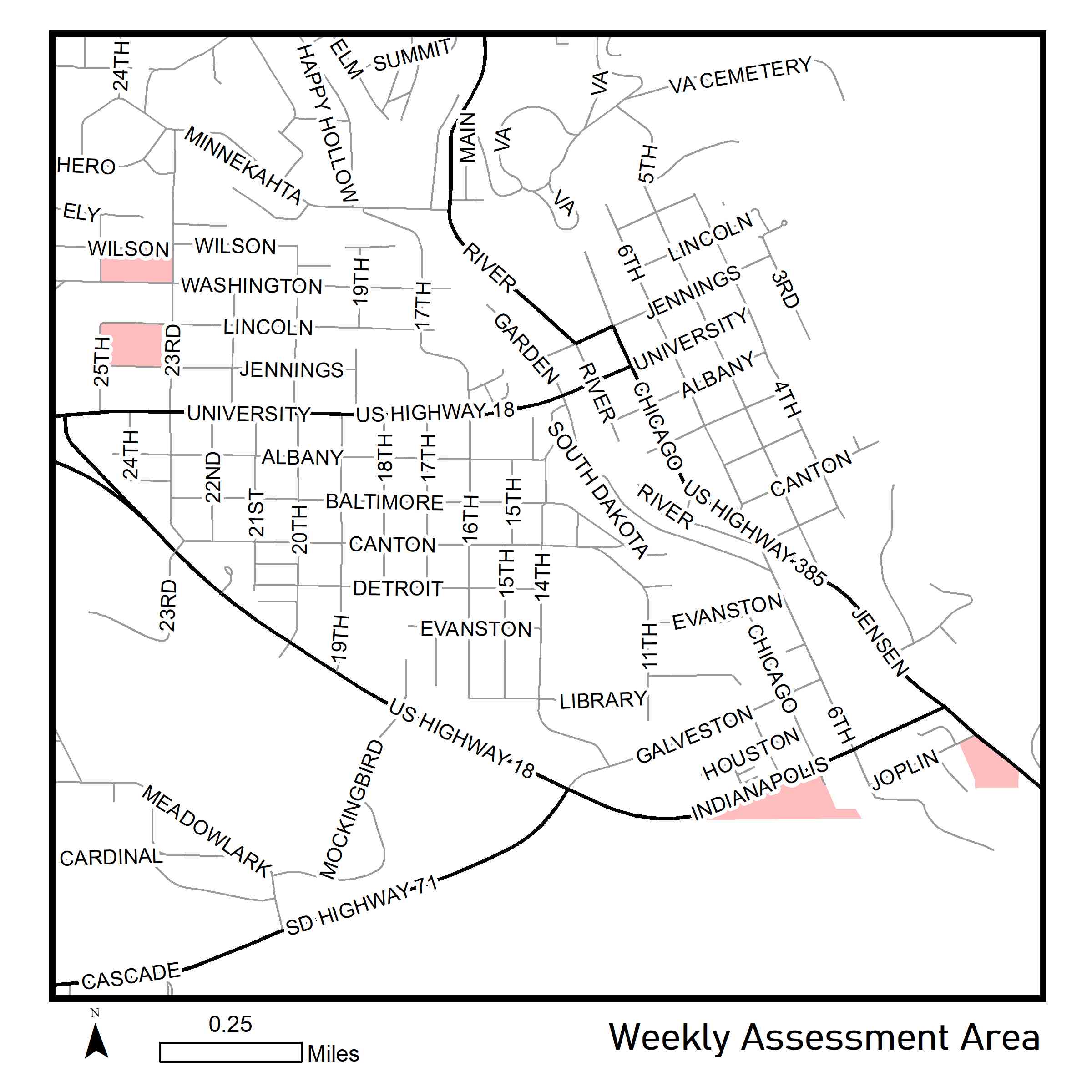 Map of weekly assessment area for week of August 17, 2020, close up of Hot Springs area.