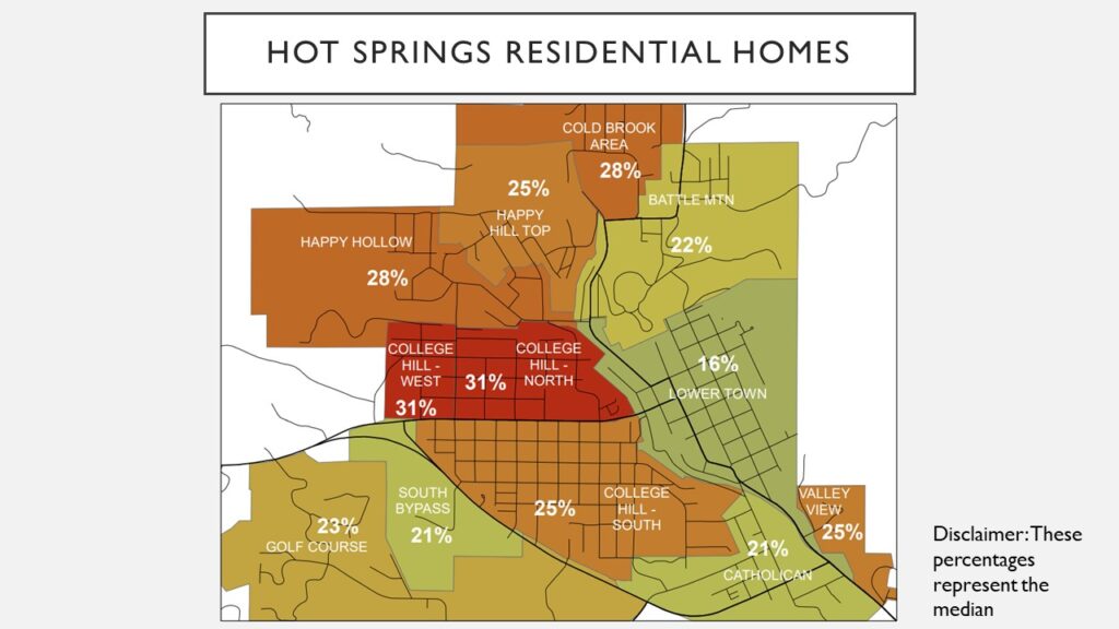 Map of Hot Springs Residential Home increases. College Hill North & West 31%. Cold Brook & Happy Hollow 28%. College Hill South & Valley View 25%. Golf Course 23%. Battle Mountain, Catholican, and South Bypass 21%. Lower Town 16%.