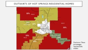 Map of Outskirts of Hot Springs Residential home increases for 2022; Hills 33%, Hot Brook 21%, Northwest 22%, Fall River Road 10%, Cascade Road 24%