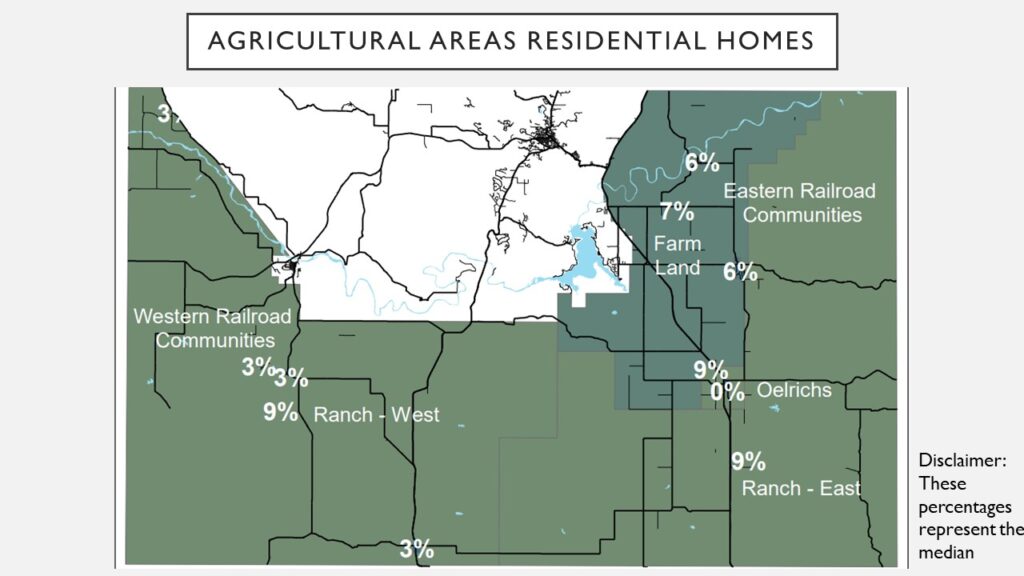 Map of increases to residential homes values in smaller communities and more rural areas of Fall River County.