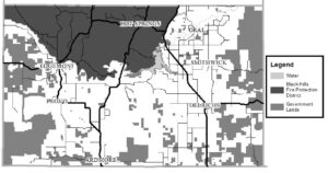 Map showing areas that do not have a burn ban in white. 