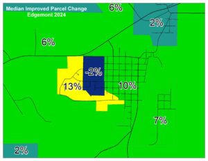 Map of value increases for improved parcels for 2024 in Edgemont.
