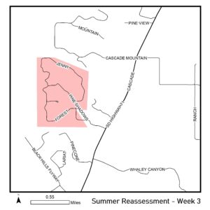 Map of reassessment area for week of July 15th 2024 in Fall River County. Area includes Pine Shadows Subdivision. 