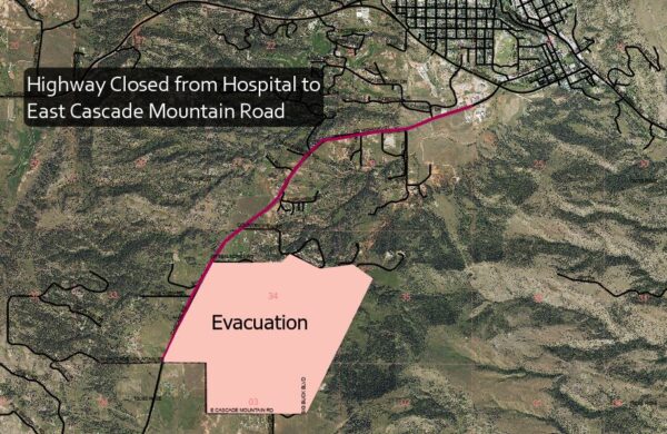 Evacuation area for wildfire of March 1st 2025. Area expanded at 3:20PM to include all properties between Country View Road and East Cascade Mountain Road. Cascade Road (SD Highway 71) closed to unnecessary traffic from the Hospital to East Cascade Mountain Road.