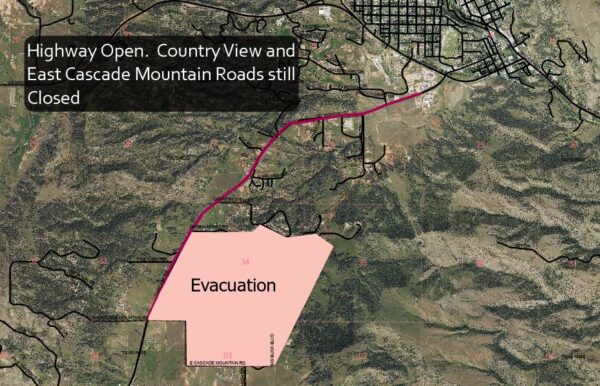 Highway has reopened. Country View and East Cascade Mountain Roads are still closed. 