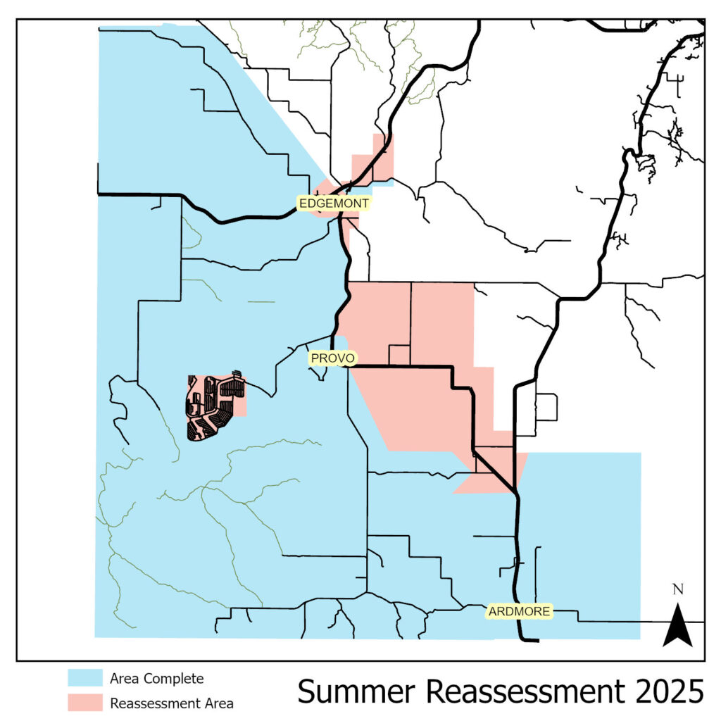 Map of 2025 summer reassessment area with areas completed marked.