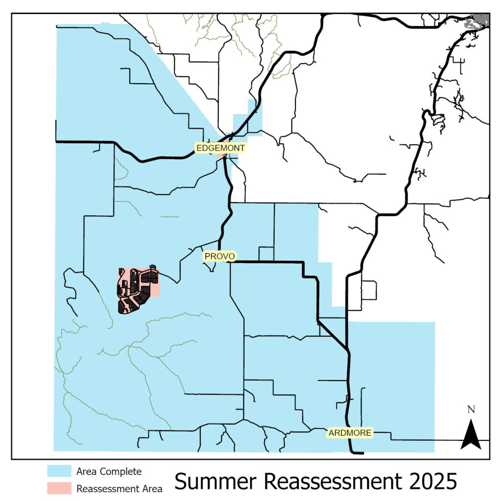 Map of reassessment area for summer 2025 with completed areas marked.