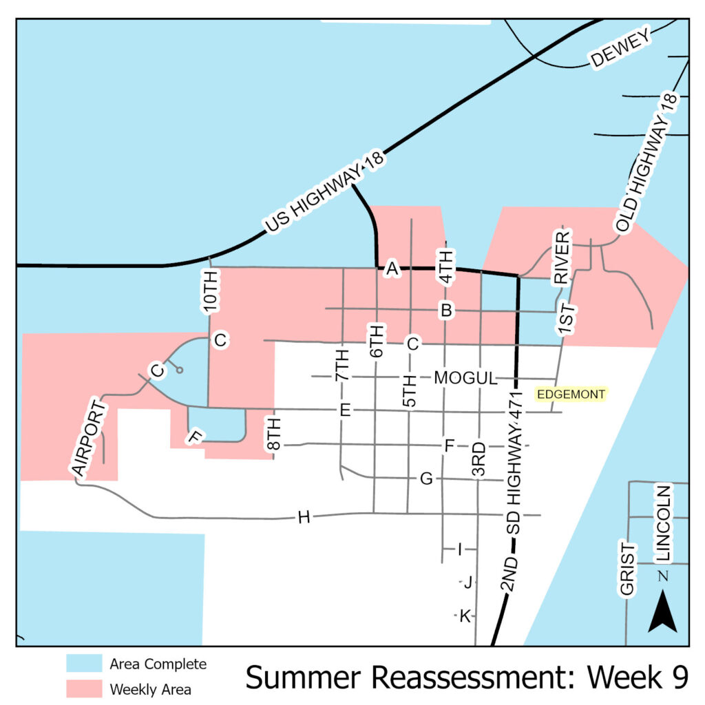 Map of reassessment area for week of July 14th, showing parts of the City of Edgemont north of C Street and west of 8th Avenue.
