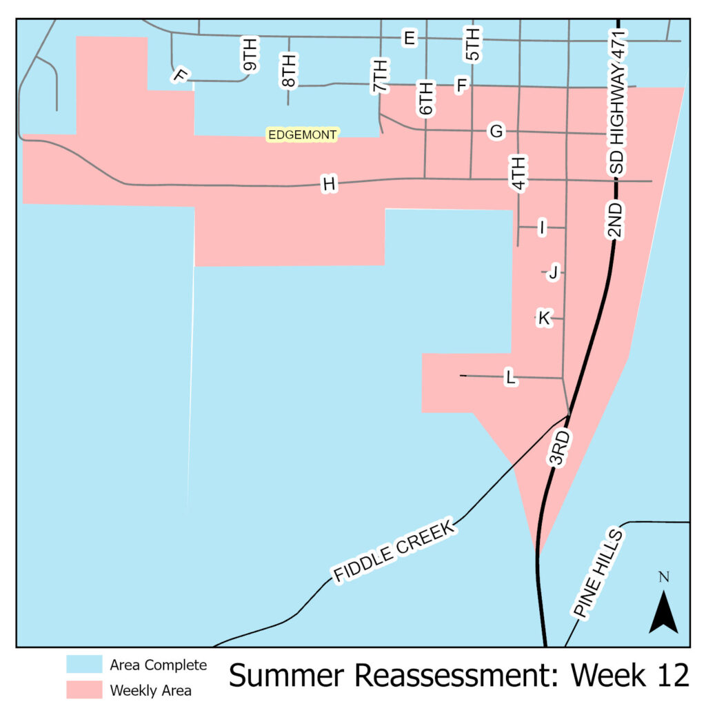 Reassessment map for week 12, August 1st 2025. Showing properties south of F Street.