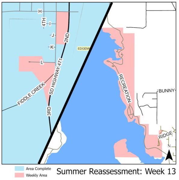 Reassessment areas for the week of August 11th, 2025. A couple of blocks in Edgemont south of H street. Also, the eastern side of Angostura Lake for buildings located on State land and the Wolff's Mobile Home Court.