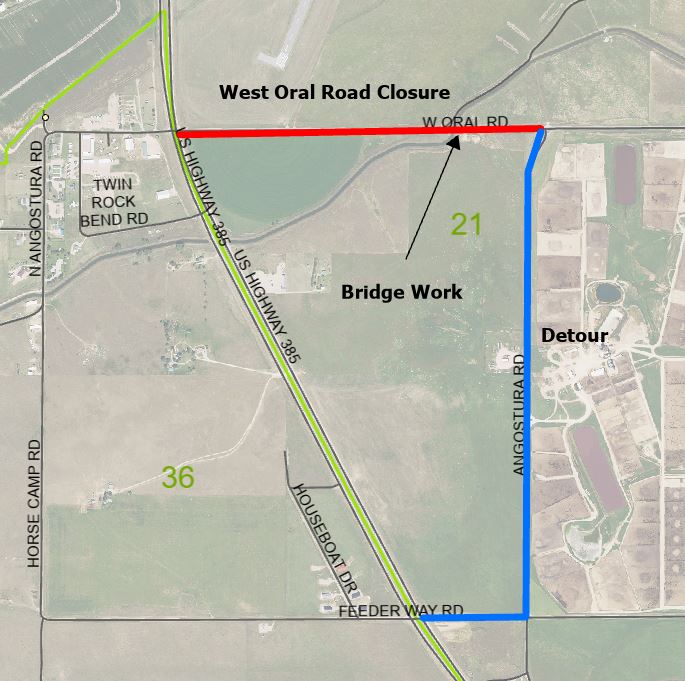 Map of West Oral Road closure showing detour on Feeder Way Road and Angostura Road.