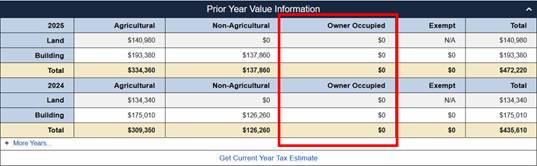Table showing the prior year value information and highlighting where to look for the owner occupied values.