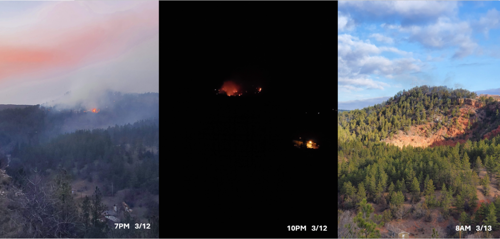 progression of hot brook fire from 7am on March 12th to 8am on March 13th. 