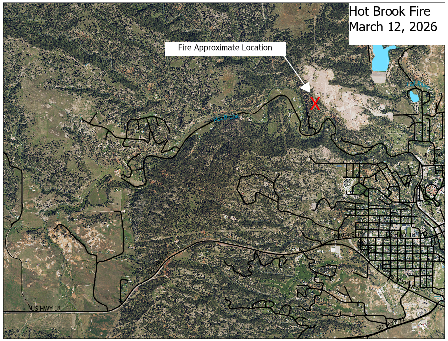 Map of approximate location of Hot Brook Fire from March 12, 2026