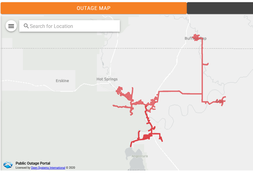 map of outage area along Fall River Road, north Angostura Lake, Town of Oral and Buffalo Gap