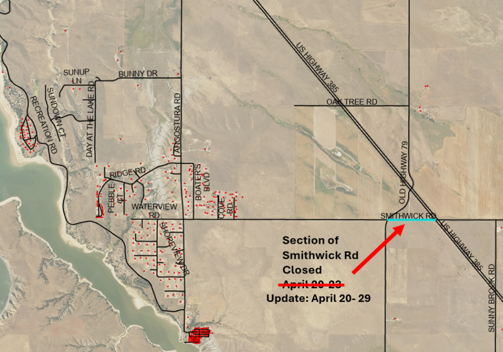 map showing section of Smithwick road closed from updated timeline of April 20th to April 29th.